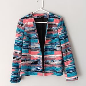 Kasper Blazer Open Front Collarless Lined Size 8 Aqua White Blue Black